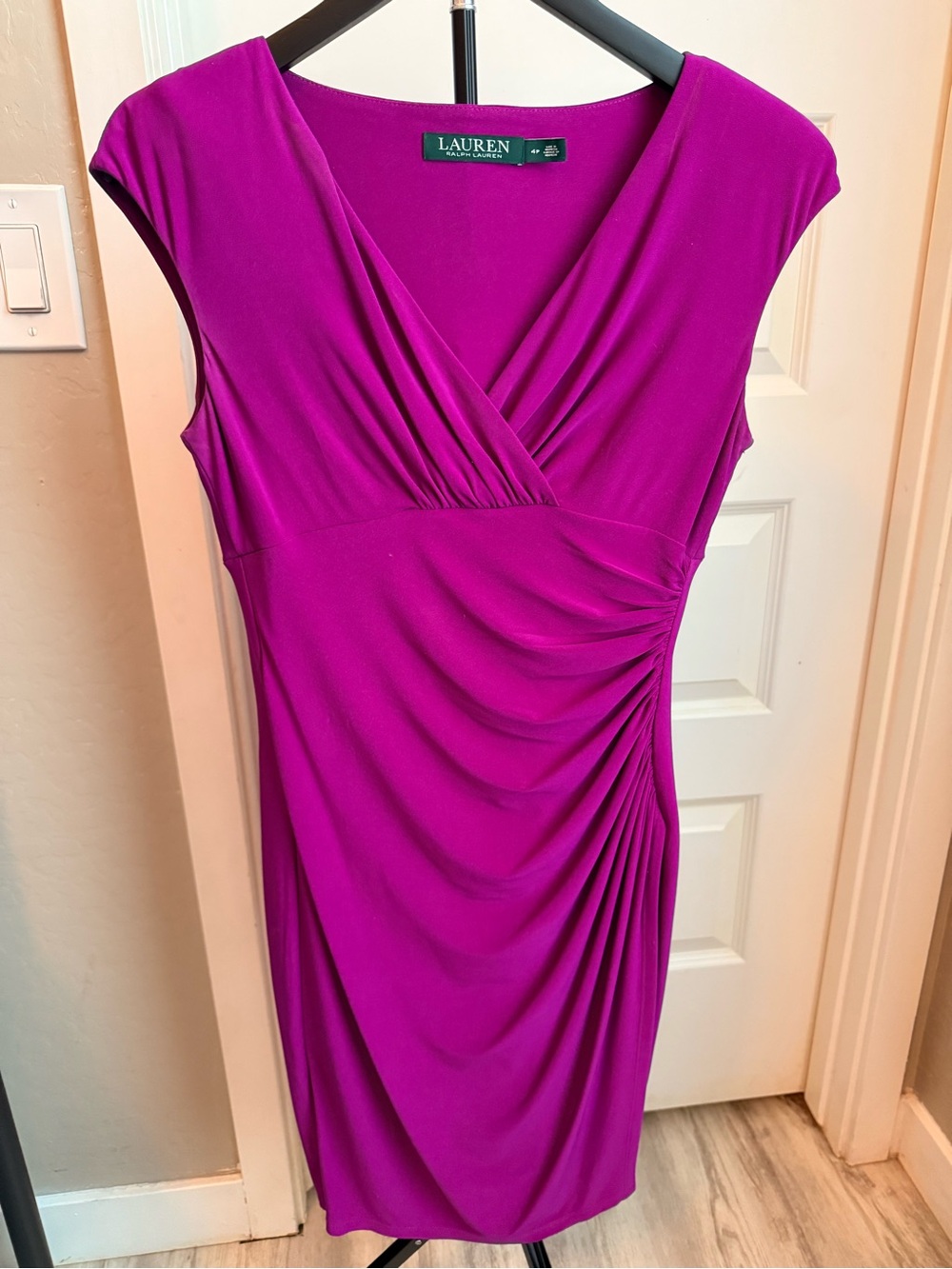 Lauren Ralph Lauren Magenta Ruched V-Neck Sheath Dress